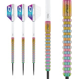 Angled view of tungsten darts set with macro close-up showing vivid rainbow ring grip and precise knurled barrel design