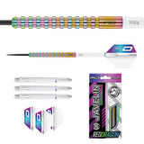 Full view and close-up of 85% tungsten dart with rainbow ring grip, flights, shafts, and retail packaging on white background