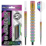 Full view of Javelin Spectron 85% tungsten darts with rainbow ringed grip, steel tips, and packaging, ideal for precision dart players.