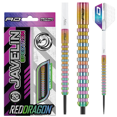 Full view of Javelin Spectron 85% tungsten darts with rainbow ringed grip, steel tips, and packaging, ideal for precision dart players.