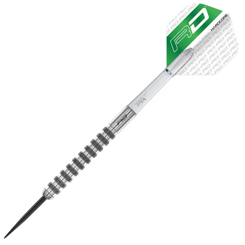 85% tungsten dart full view on white background, modern ringed grip, silver barrel, sharp steel tip, green and white flight
