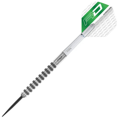 85% tungsten dart full view on white background, modern ringed grip, silver barrel, sharp steel tip, green and white flight