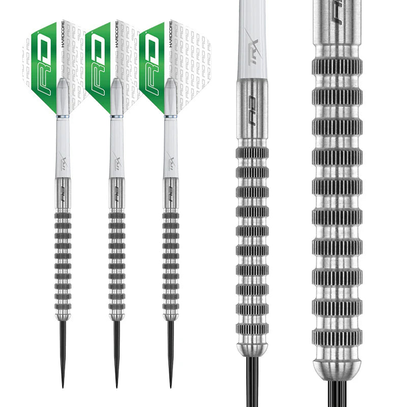 Three 85% tungsten darts displayed on white with enlarged macro view showing ringed grip barrel and steel tip detail