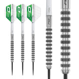 Three 85% tungsten darts displayed on white with enlarged macro view showing ringed grip barrel and steel tip detail