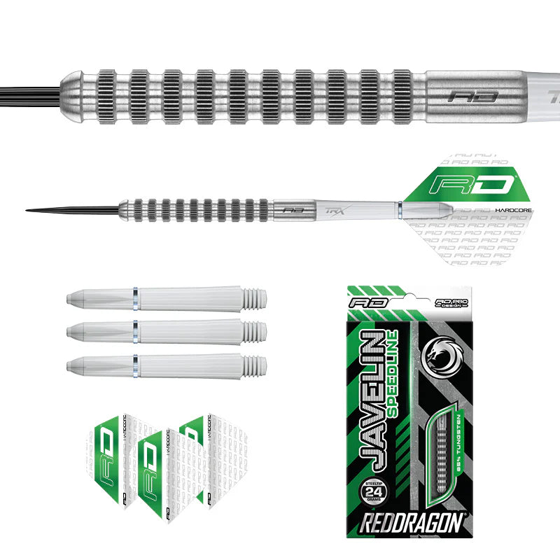 Javelin Speedline 85% tungsten darts set showing detailed barrel grip, full dart profile, extra shafts, flights, and retail packaging on white background