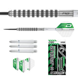 Javelin Speedline 85% tungsten darts set showing detailed barrel grip, full dart profile, extra shafts, flights, and retail packaging on white background