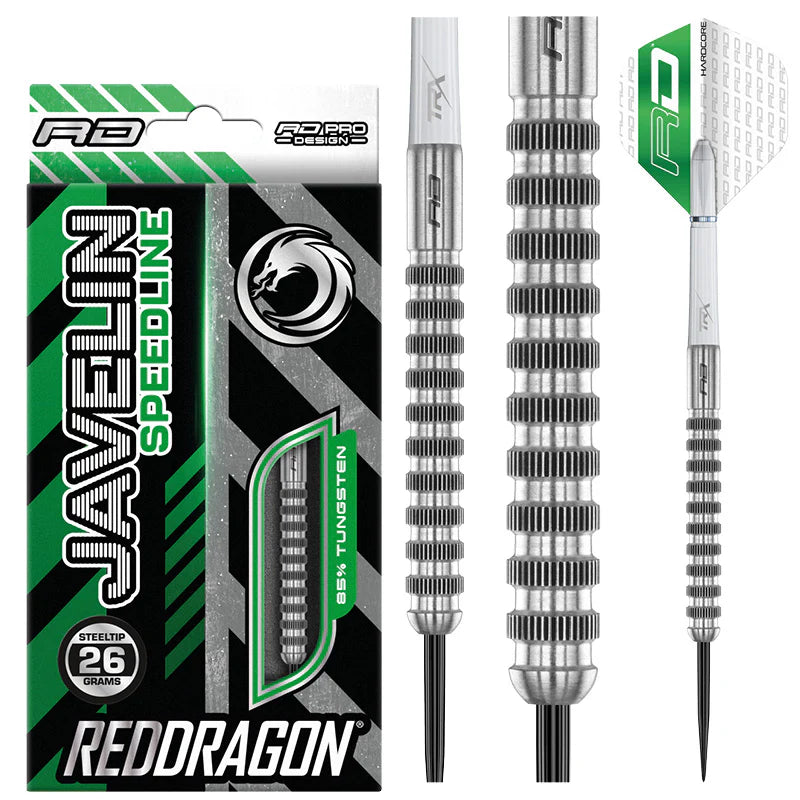 Full view and close-ups of Javelin Speedline 85% tungsten darts with grip rings, flights, and retail packaging for steeltip darts