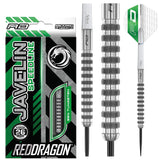 Full view and close-ups of Javelin Speedline 85% tungsten darts with grip rings, flights, and retail packaging for steeltip darts