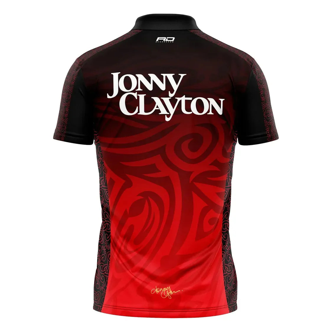 Back view of Jonny Clayton 2025 limited edition darts shirt with red tribal dragon pattern, signature, isolated on white