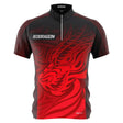Full front view of Jonny Clayton 2025 limited edition darts shirt with bold red tribal dragon graphic on a black background