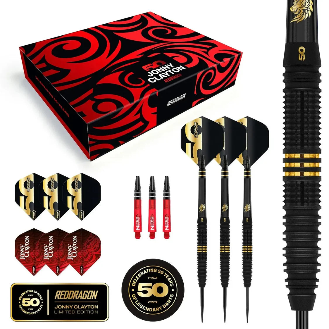 Limited edition tungsten dart set displayed with box, accessories, close-up of grip texture, and gold accent details for collectors.