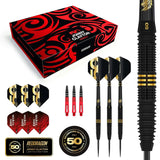 Limited edition tungsten dart set displayed with box, accessories, close-up of grip texture, and gold accent details for collectors.