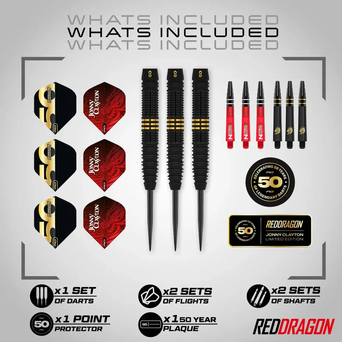 Top-down view of Jonny Clayton 50 Year limited edition tungsten darts set with 3 knurled barrels, 2 sets of flights, 2 sets of shafts, point protector, and commemorative plaque