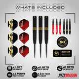 Top-down view of Jonny Clayton 50 Year limited edition tungsten darts set with 3 knurled barrels, 2 sets of flights, 2 sets of shafts, point protector, and commemorative plaque