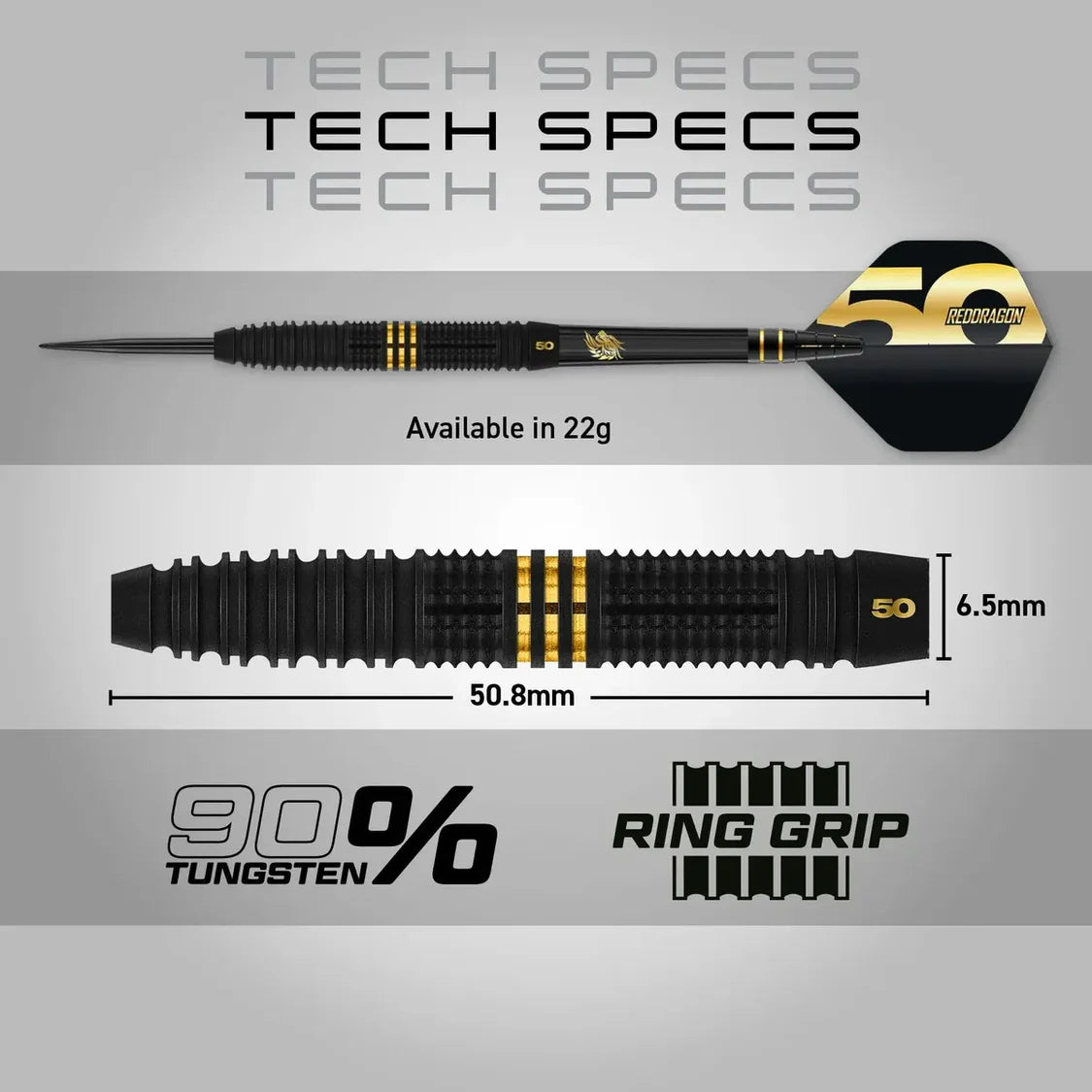 90% tungsten dart with ring grip, full side view and close-up barrel showing 50.8mm length, 6.5mm diameter, gold accents, and 22g weight