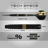 90% tungsten dart with ring grip, full side view and close-up barrel showing 50.8mm length, 6.5mm diameter, gold accents, and 22g weight