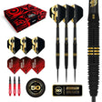 Anniversary limited edition tungsten darts set with gold ringed barrels, close-up grip texture, accessories, flights, and collector’s box.