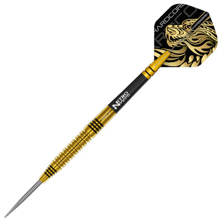 Full view gold and black tungsten dart with precision grip, black rings, and lion graphic flight, isolated on white background