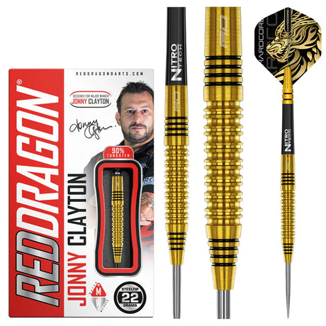 Gold 90% tungsten steel tip darts with black rings, hardcore lion flights, and retail packaging, full product display on white background