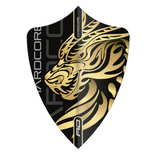 Red Dragon Jonny Clayton Gold Dragon Freestyle dart flight upright on a white background, black with gold dragon