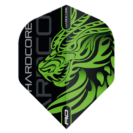 Close-up of Jonny Clayton Hardcore green dragon dart flight, bold dragon graphic and HARDCORE lettering, single flight on white background