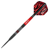 Angled full view of 90% tungsten dart with knurled grip, red black Nitro Tech shaft, and tribal Clayton flight on white background