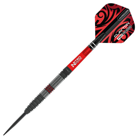 Angled full view of 90% tungsten dart with knurled grip, red black Nitro Tech shaft, and tribal Clayton flight on white background