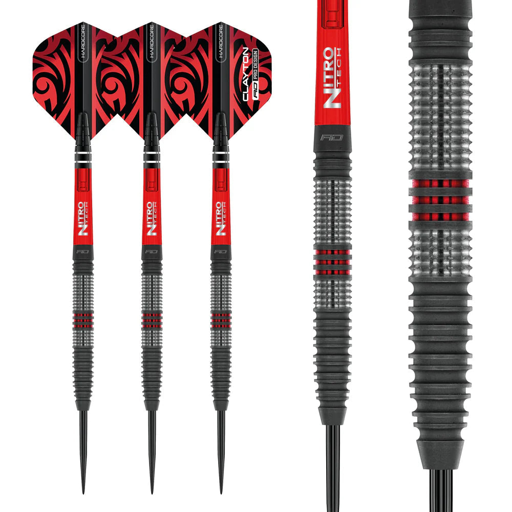 Three tungsten darts with Celtic flights shown full length, plus close-up of knurled barrel grip and red ring details on white background