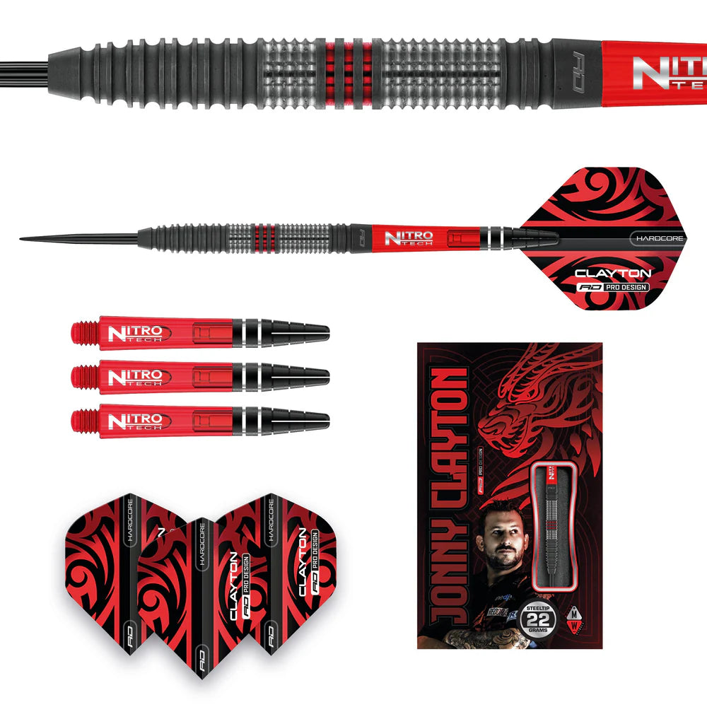 Dart set with 90% tungsten barrel close-up, full assembled dart, extra shafts, flights, and retail box arranged on white background