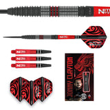 Dart set with 90% tungsten barrel close-up, full assembled dart, extra shafts, flights, and retail box arranged on white background