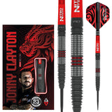 Full view of 90% tungsten steel tip darts with black and red grooved grip, close-up barrel texture, packaging and striking flight pattern