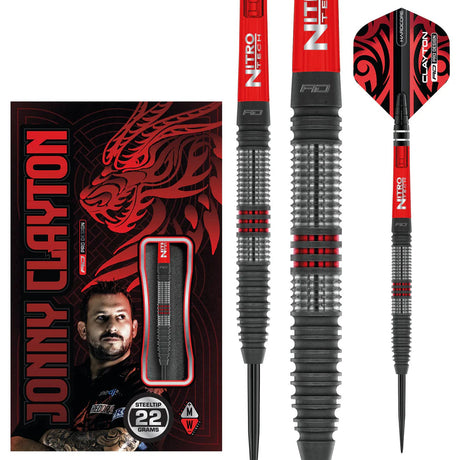 Steel tip tungsten darts set with black and red knurled grip, professional flights, close-up of package and detailed barrel texture
