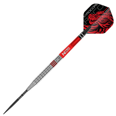 Full view tungsten dart isolated on white, showing detailed grip, red Nitro Tech shaft, and custom Hardcore flight for dart players