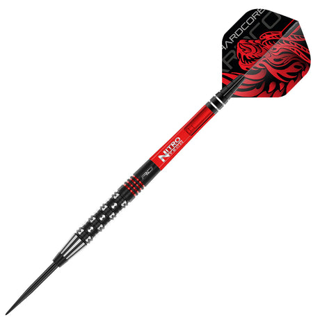 Angled view of tungsten dart with detailed grip texture, red Nitro Tech shaft, black and red dragon flight, isolated on white background