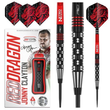 Steel tip tungsten darts with black and red barrel grip texture, custom flights, packaging, and close-up details.
