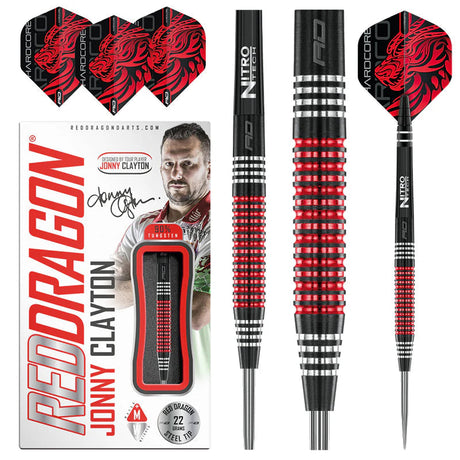 Special edition tungsten darts with red and black ringed grip, close-up barrel detail, full dart view, packaging, and dragon flights