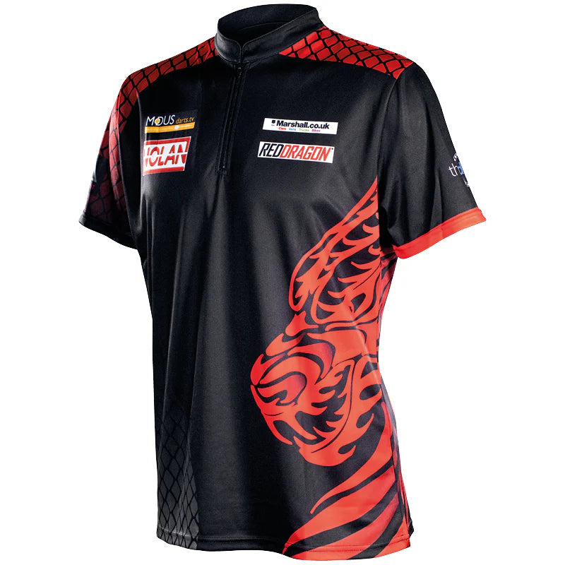 Angled view of Jonny Clayton Tour darts shirt with red dragon scale print, zip collar, and sponsor patches on white background
