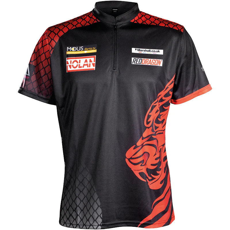 Front view darts shirt with dragon scale pattern, sponsor logos, zip collar, and bold red dragon design for darts players