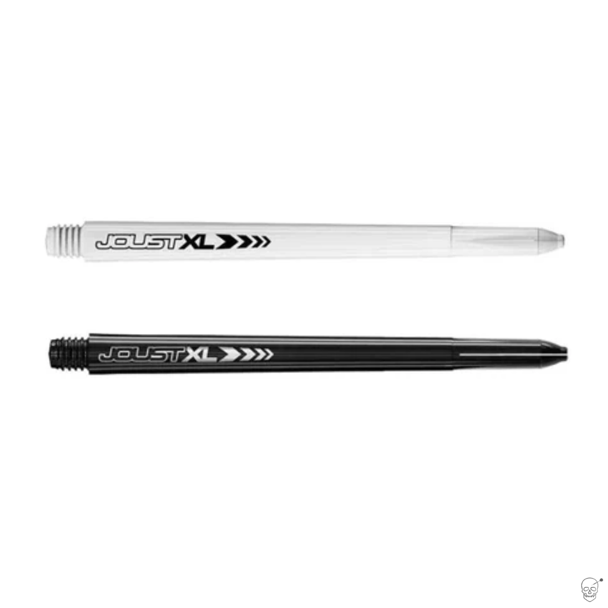 Extra long dart shafts in black and white, side by side on white background, showing threading and Joust XL barrel logo.
