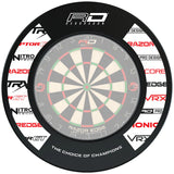 Top-down view of dartboard with high-density black polymer surround featuring multiple dart branding logos, isolated on white