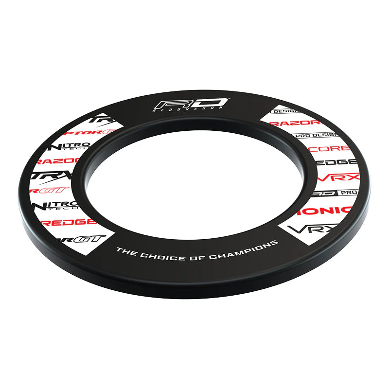 Angled full view of dartboard surround ring with multicolored dart equipment logos and slogan, isolated on white background