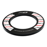 Angled full view of dartboard surround ring with multicolored dart equipment logos and slogan, isolated on white background