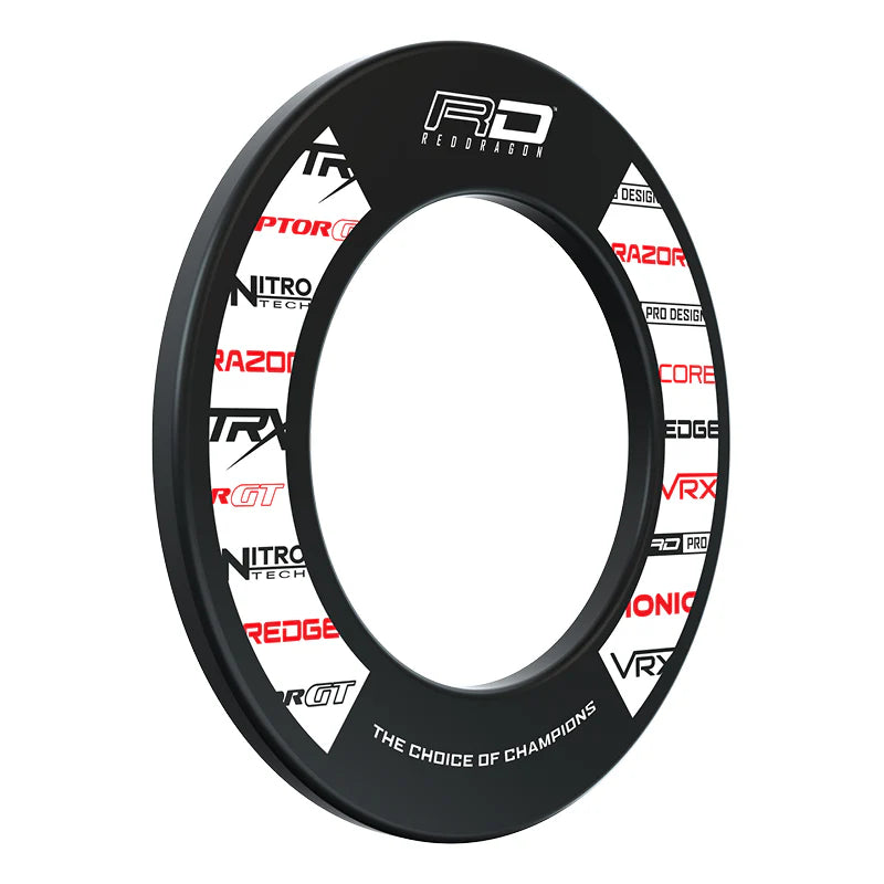 Angled view of dartboard surround ring, bold black polymer with printed dart equipment logos, isolated on white background