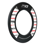 Angled view of dartboard surround ring, bold black polymer with printed dart equipment logos, isolated on white background