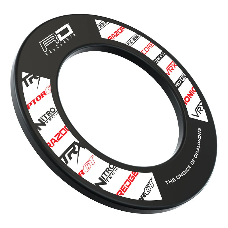 Angled view of a black dartboard surround with multiple printed dart equipment logos, isolated on white background