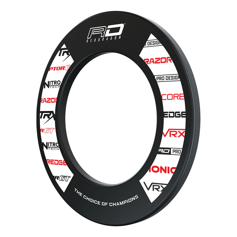 Angled view of polymer dartboard surround with bold logos, isolated on white background for darts setup protection