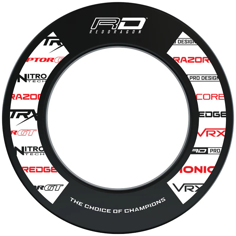 Top-down full view of dartboard surround ring with printed logos, black finish, isolated on white background