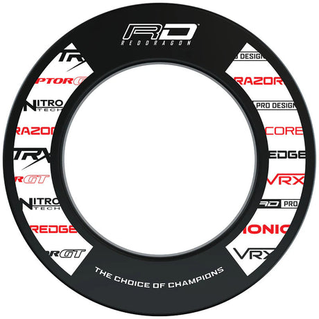 Top-down full view of dartboard surround ring with printed logos, black finish, isolated on white background