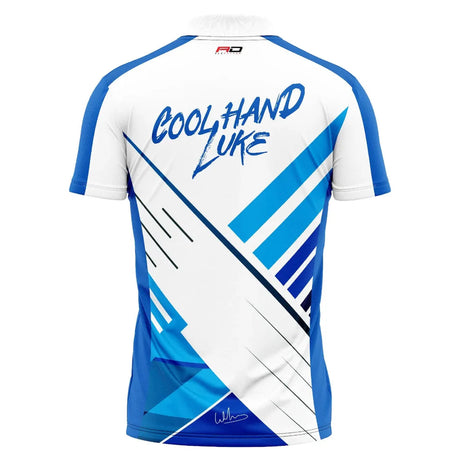 Back view limited edition darts shirt in blue and white, Cool Hand Luke text, bold geometric design, isolated on white
