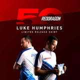 Lifestyle view of Luke Humphries 2025 Limited Edition dart shirt front and back, bold blue-white design, model holding packaging